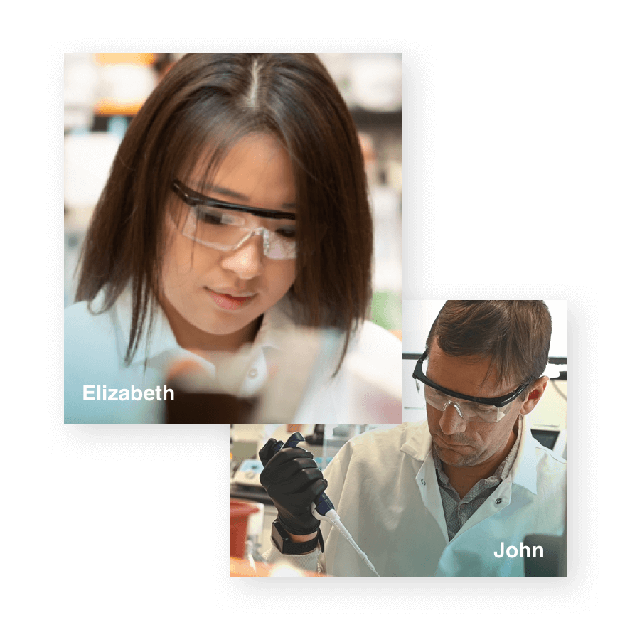 Person in lab coat & protective eyewear | Person in protective eyewear & gloves examining a beaker