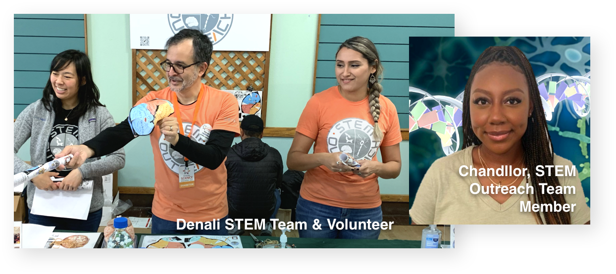 Person standing in front of a colorful graphic | 3 people working a STEM event